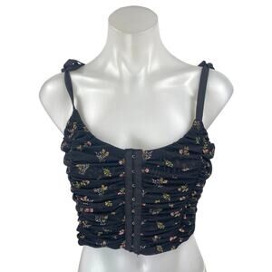 Forever 21 Black Floral Sleeveless Ruched Corset Bustier Cami Tank Crop Top Sz L